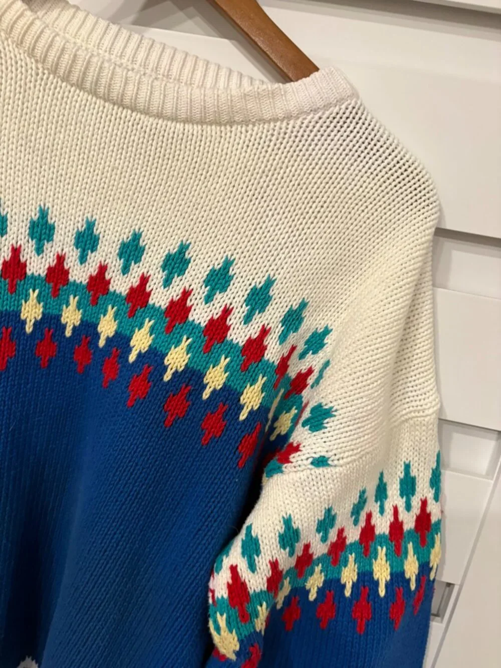 IZOD Vintage Fair Isle Cotton Sweater Blue Red Geometric Ski Crewneck Men’s L